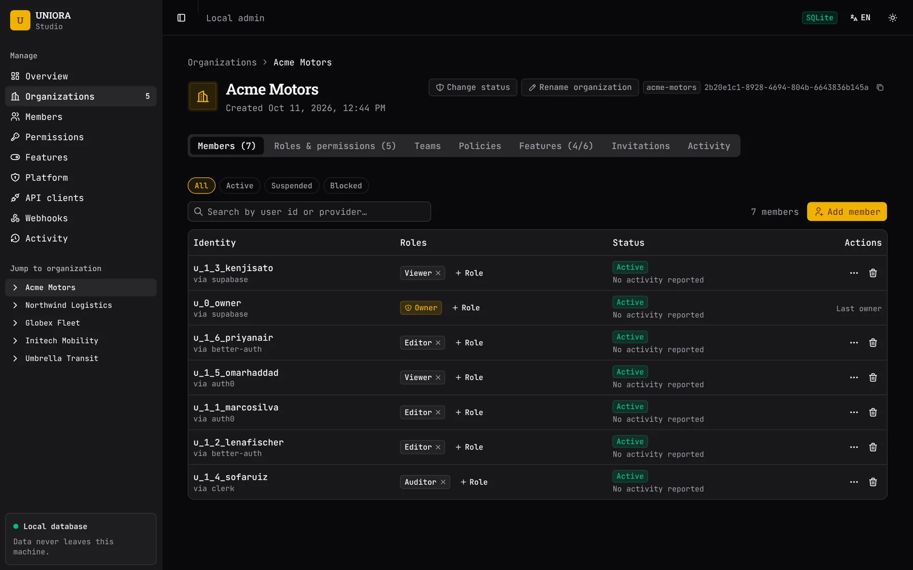 Studio members table with roles, statuses and the protected Owner