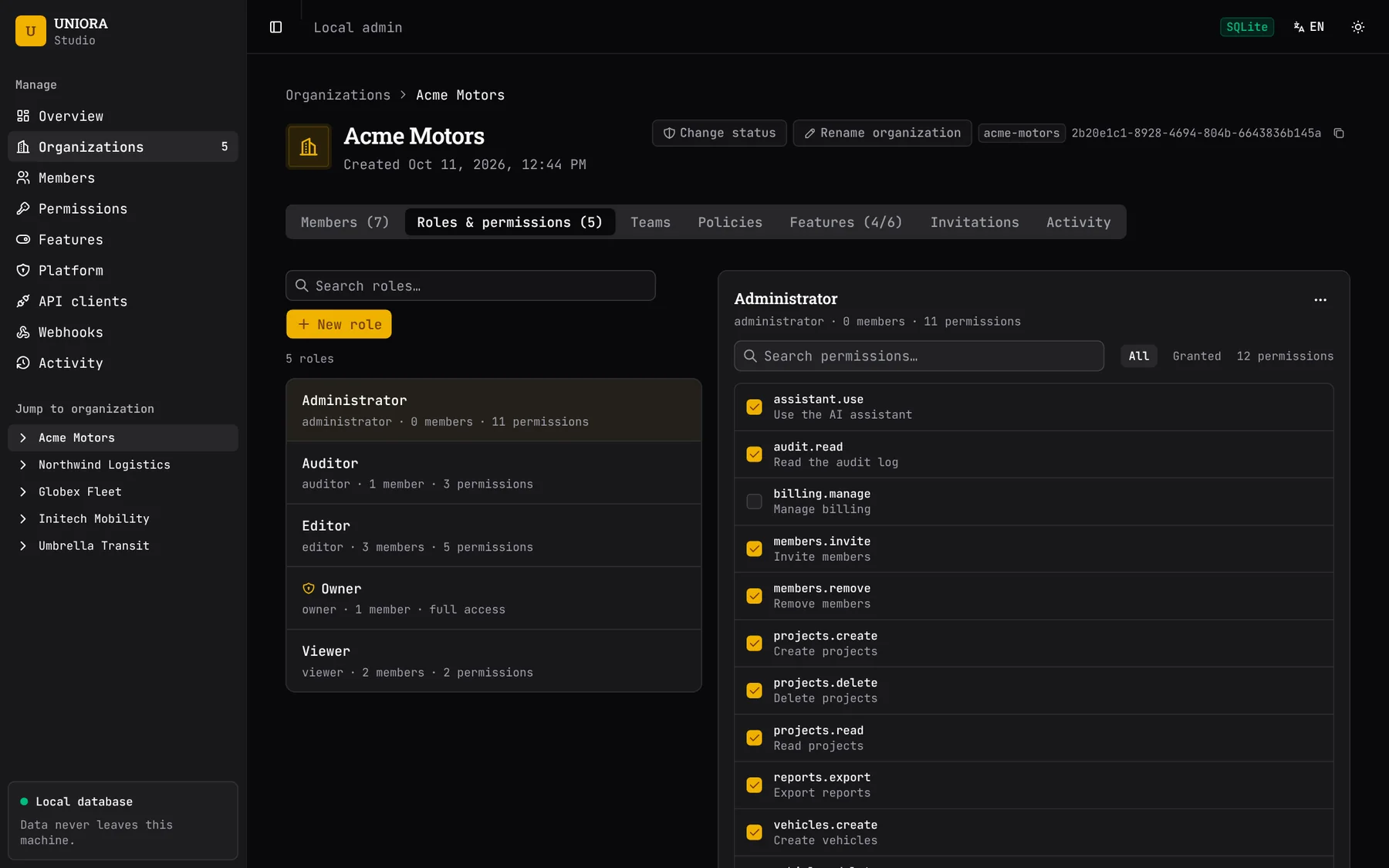 Studio role editor with a checklist of permissions